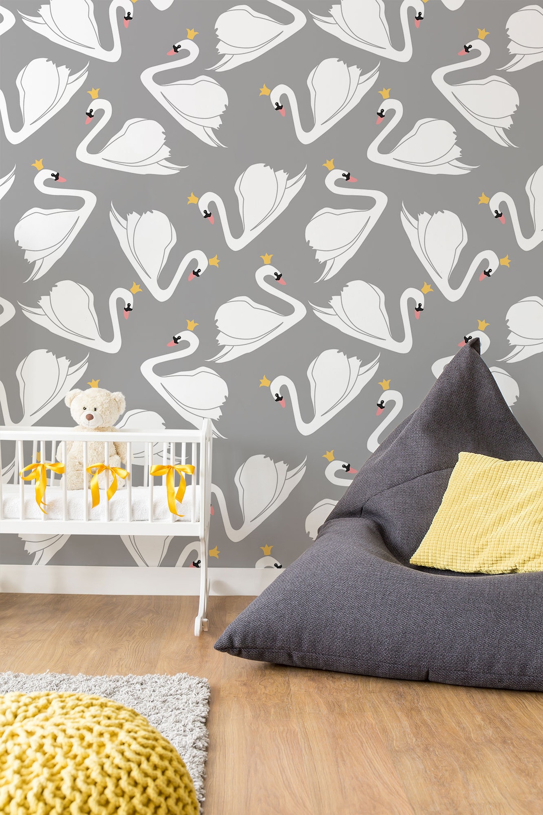 Gray Wallpaper With Swan Pattern, Kids Nursery Wallpaper, Animal ...