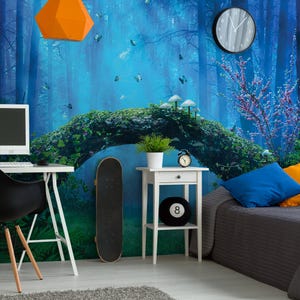 Carta da parati Foresta magica di notte, murale della stanza blu, stampa murale per la cameretta dei bambini, murale per bambini, carta da parati stacca e incolla o carta da parati tradizionale