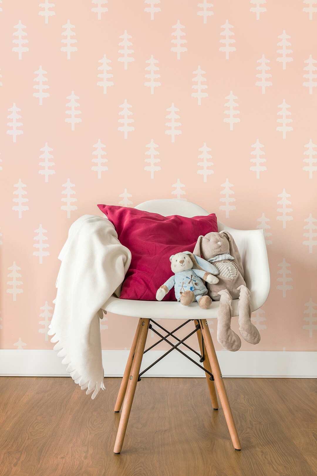Pink Nursery Wallpaper With White Trees, Peel and Stick Nursery Wall