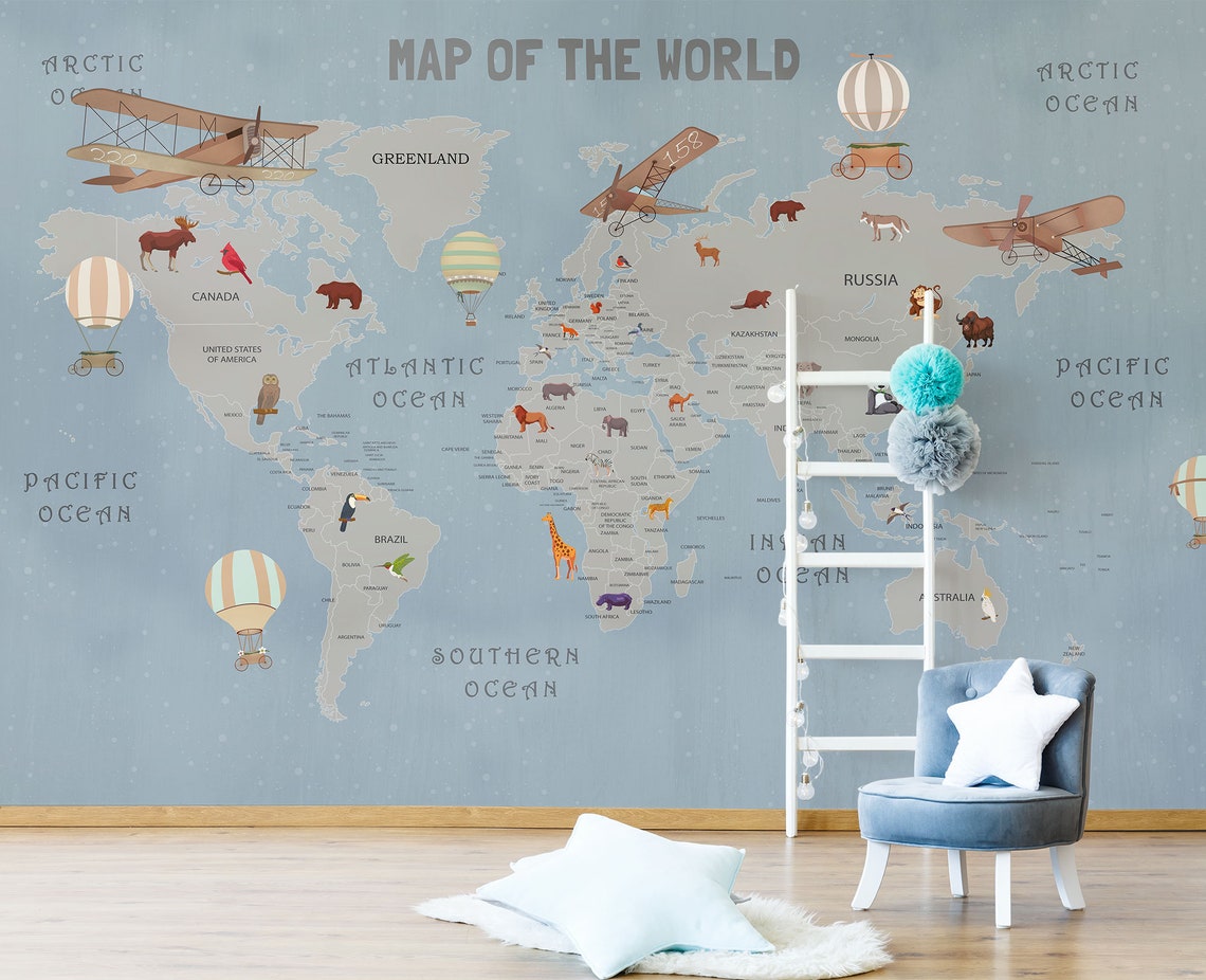Map of the World Wallpaper Kids Nursery Wallpaper Blue - Etsy