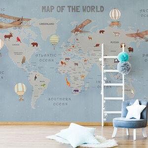 Papier peint de la carte du monde, papier peint de crèche pour enfants, papier peint bleu, papier peint amovible, décoration murale de chambre de bébé