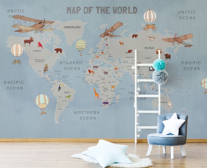 Map of the World Wallpaper Kids Nursery Wallpaper Blue Etsy