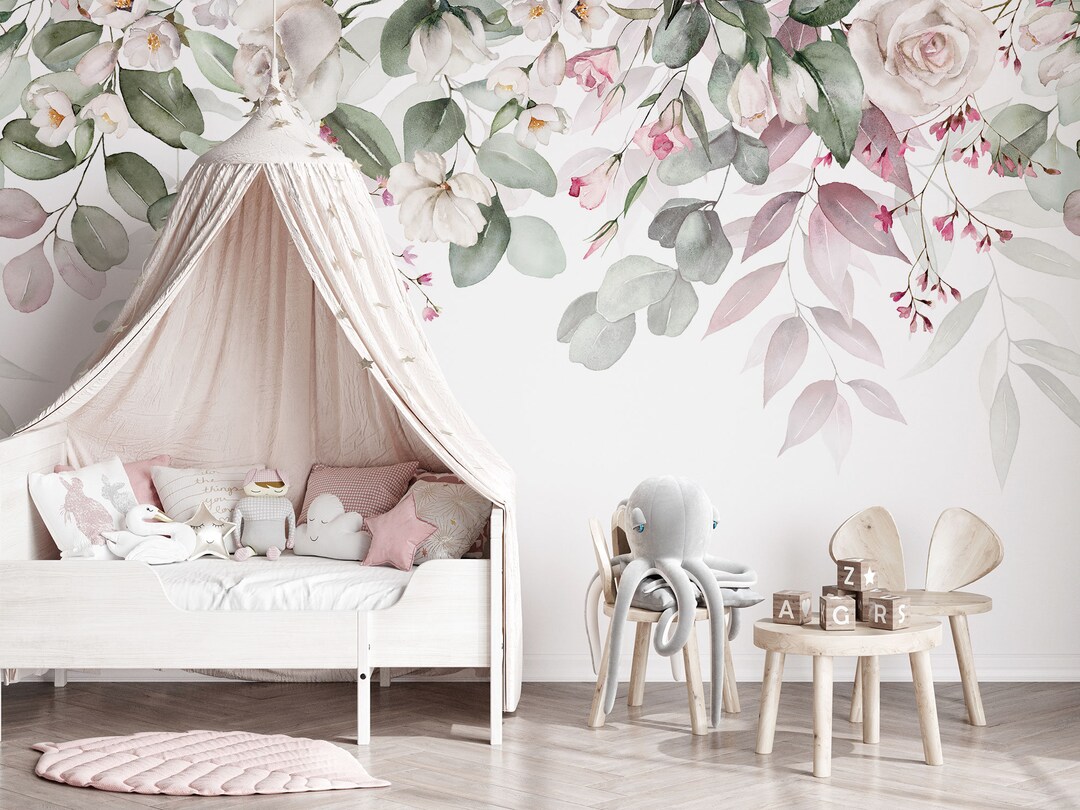 Watercolor Nursery Wall Mural, Leaves and Flowers Wallpaper, Floral ...