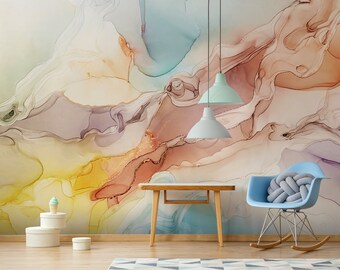 Colorful watercolor wall mural, peel and stick, self adhesive, abstract wallpaper, kids room wall mural, baby room wall decor