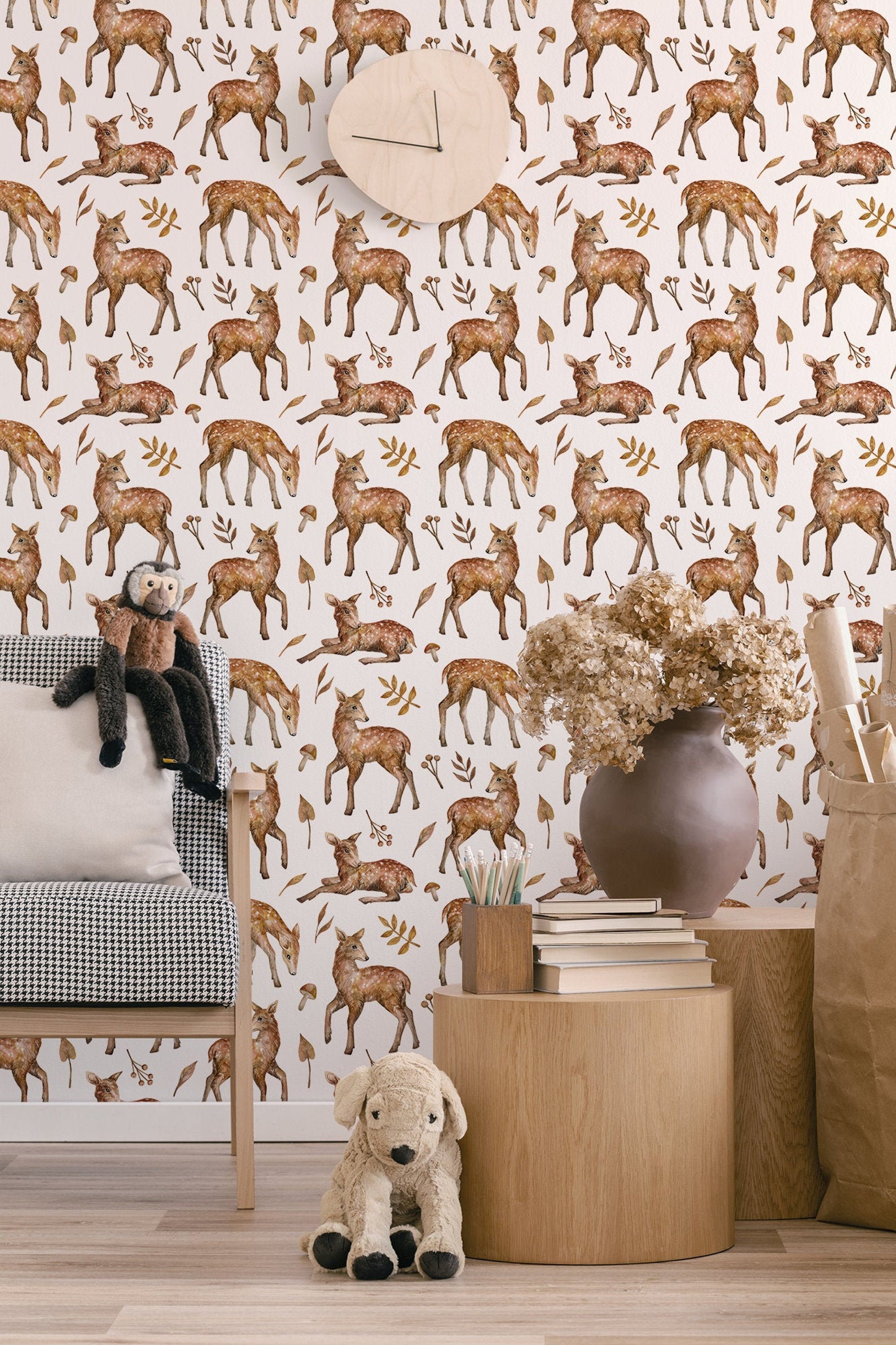 Woodland kids wallpaper with deer peel and stick wall mural | Etsy