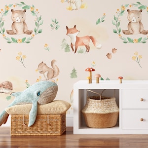 Cute animals wallpaper, woodland wallpaper, kids nursery wallpaper, removable wallpaper, peel and stick, baby room wall decor