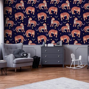 Panther wallpaper, cheetah wallpaper for kids room, dark animal wall mural, peel and stick or traditional wallpaper