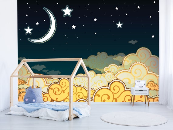Night Sky Wallpaper Kids Wallpaper Self Adhesive Wall Decal Cartoon Style Sky At Night Peel And Stick Wall Decal Removable Wall Decal