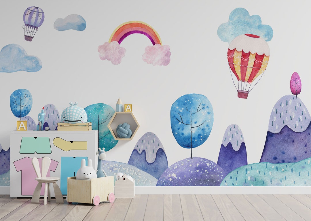 Wall Mural for Kids Room, Landscape With Hot Air Balloons, Peel and ...