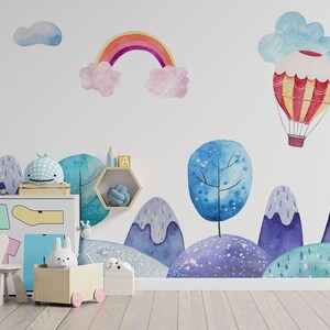 Wall mural for kids room, landscape with hot air balloons, peel and stick, self adhesive, nursery wallpaper, baby room wall decor
