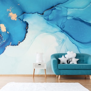 Blue watercolor marble wallpaper, abstract wall mural, kids removable wallpaper, self adhesive, peel and stick wall decor