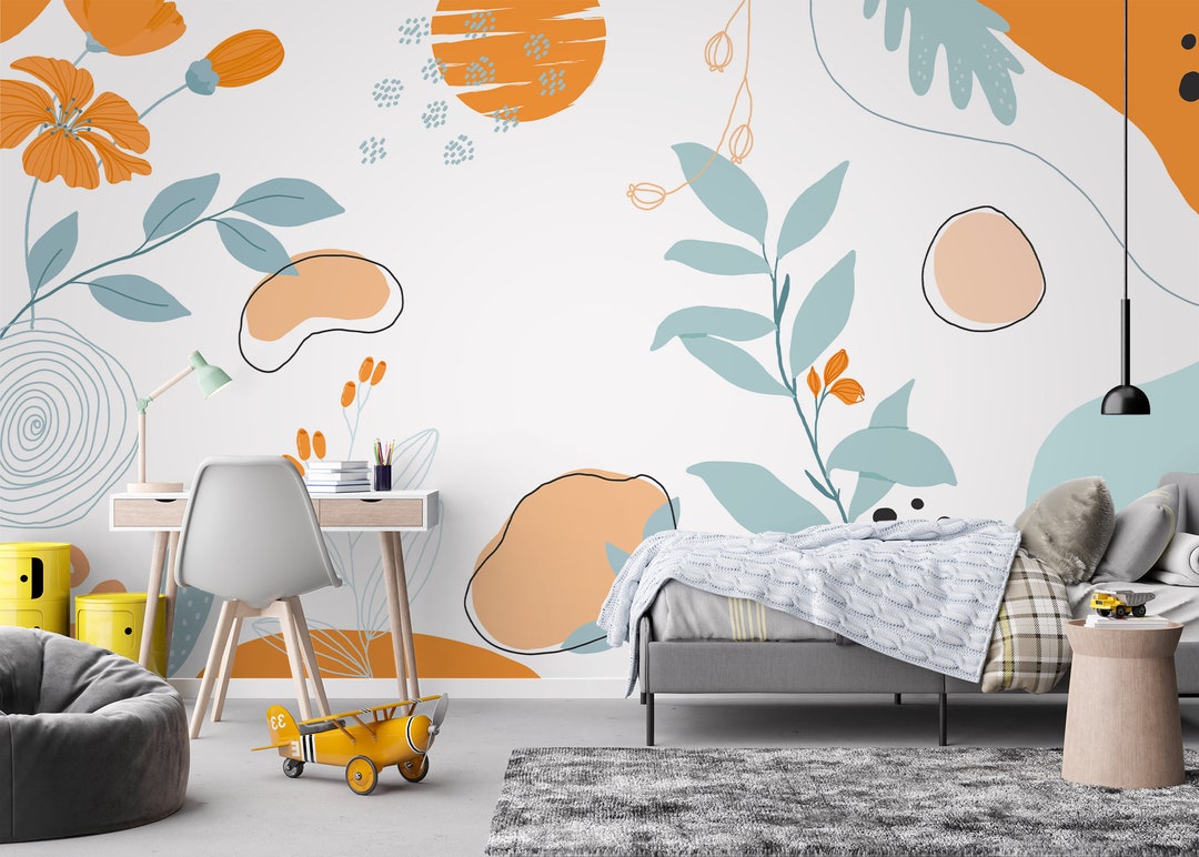 Kids Wallpaper, Abstract Floral Wall Mural, Shapes and Leaves, Nursery ...