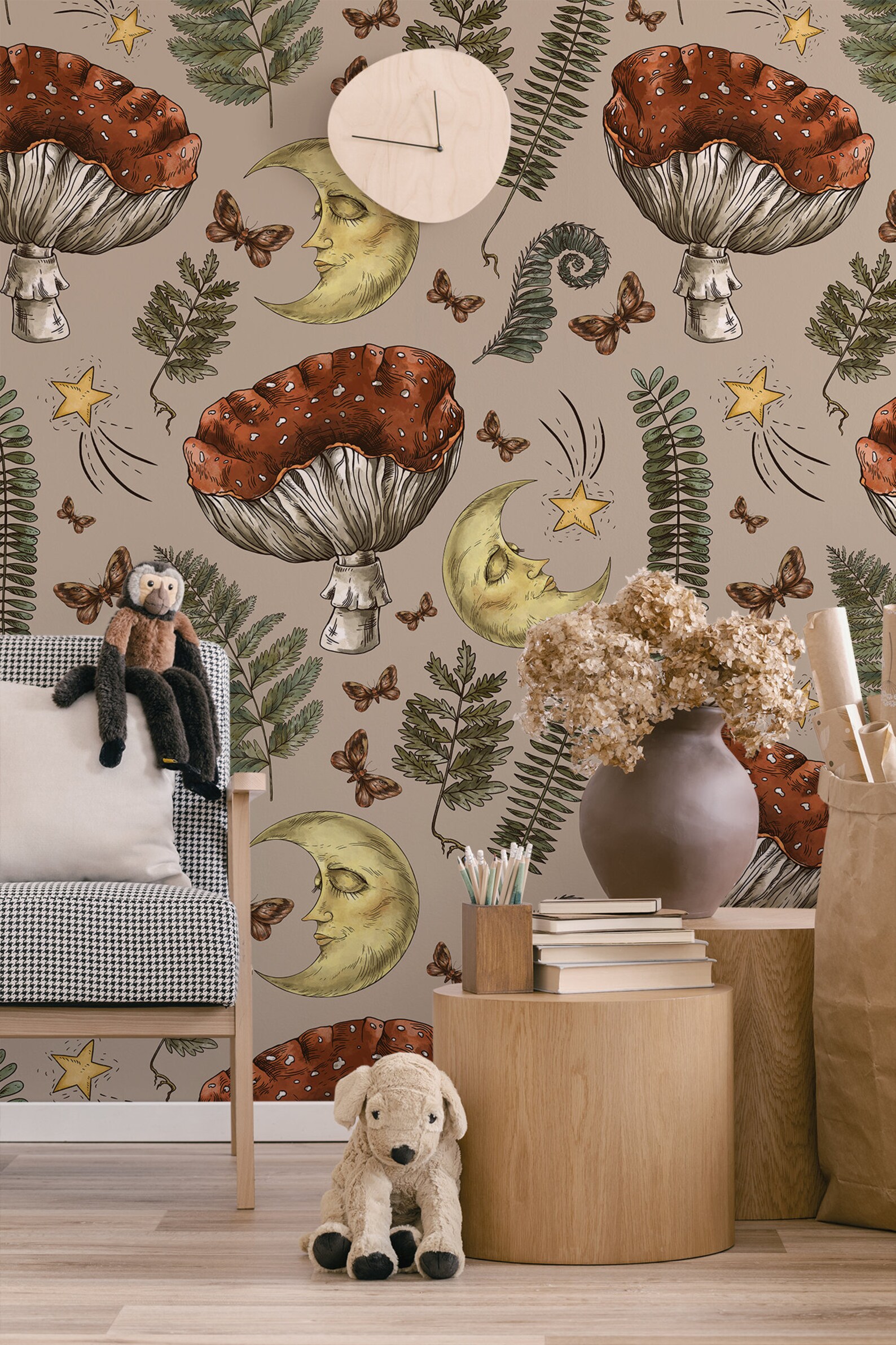 Kids Nursery Vintage Wallpaper, Forest Plants and Sleeping Moon Mural ...