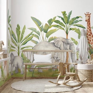 Peinture murale pépinière aquarelle, papier peint animaux de la jungle, papier peint safari, art mural floral, peler et coller ou papier peint en vinyle traditionnel