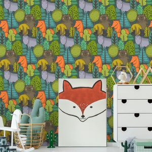 Forest animals wallpaper for kids room, peel and stick, self adhesive, nursery wallpaper, kids room wall mural, baby room wall decor