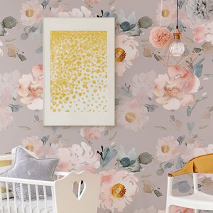 Dark beige wallpaper with watercolor pink blossoms, kids wallpaper, removable wallpaper, peel and stick, baby room wall decor