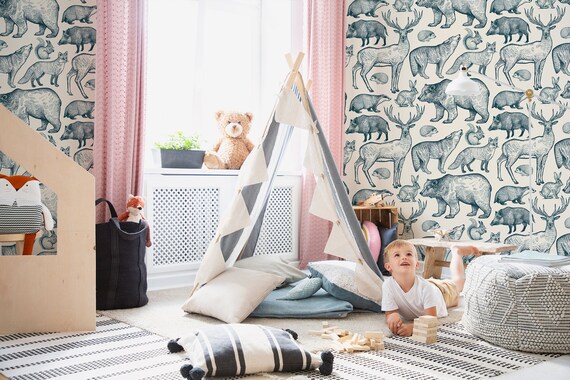 Forest animals self adhesive wallpaper, removable wall decal, hand drawn pattern, nursery mural, temporary wallpaper, peel and stick mural#