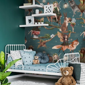 Forest animals and fairies wallpaper, nursery kids wallpaper, self-adhesive, removable, peel and stick, baby room wall decor