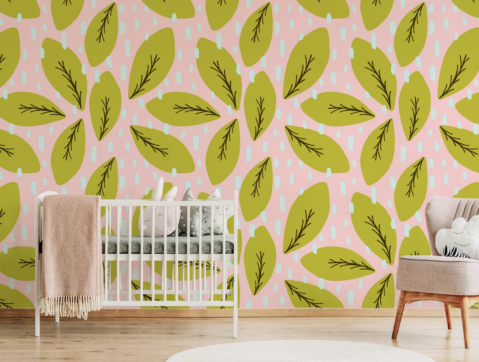 Green Leaves Wallpaper Nursery Wallpaper Vector Design Etsy