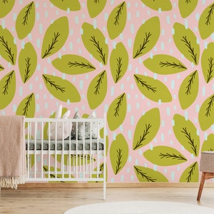 Green leaves wallpaper, nursery wallpaper, vector design, temporary wallpaper, peel and stick mural, removable wallpaper