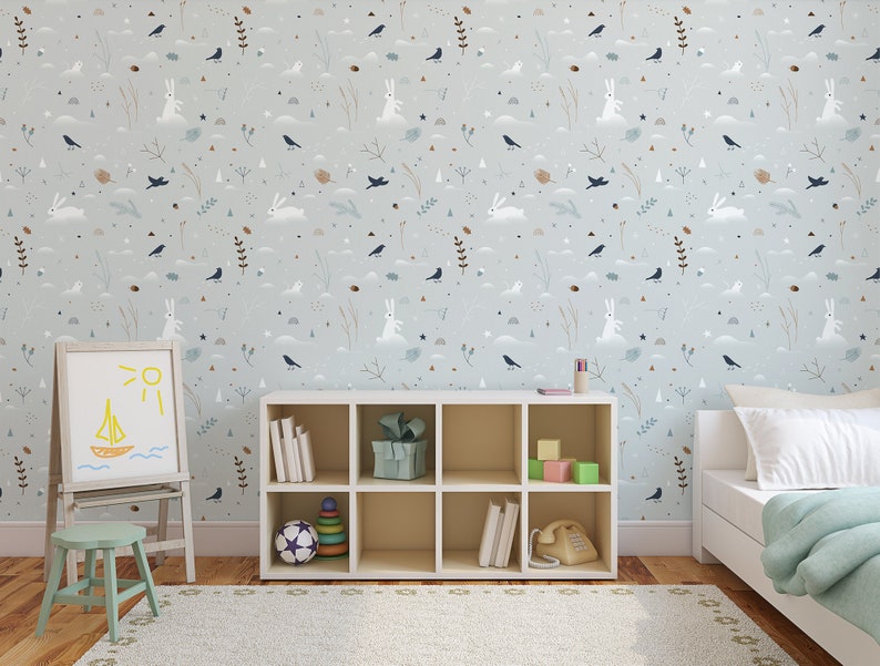Gray Nursery Wallpaper With White Bunnies Selfadhesive Etsy