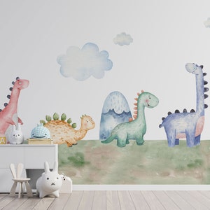 子供部屋用の恐竜の壁画、剥がして貼るだけ、粘着剤、水彩画の壁アート、子供部屋の壁紙、ベビールームの壁の装飾。