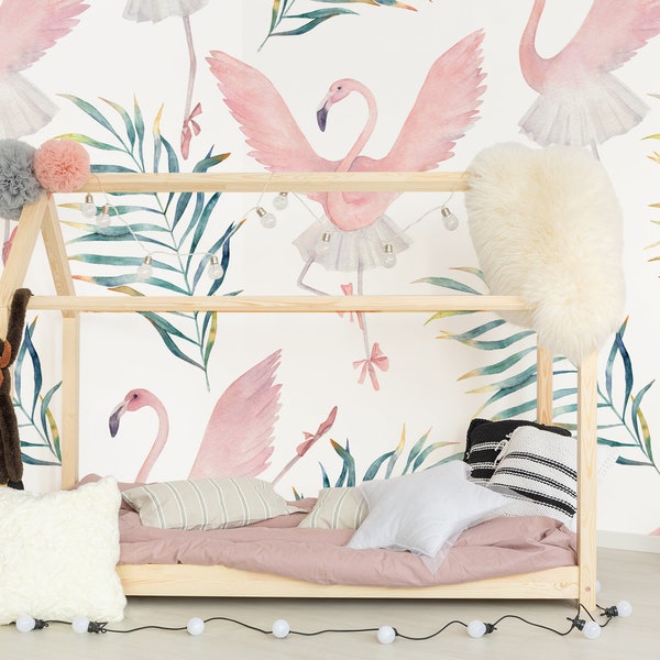 Ballerina self-adhesive wallpaper, watercolor pattern with pink flamingos dancing ballet, nursery wallpaper, peel and stick wall mural