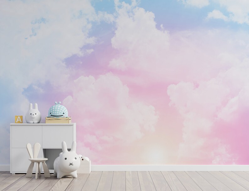 Cloud Removable Wallpaper, Kids Room Wall Mural, Abstract Pink and Blue ...