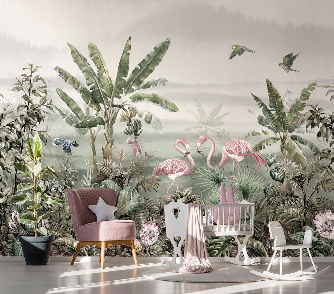 Tropical Nursery Wallpaper, Exotic Plants and Jungle Animals Pattern
