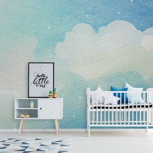 Nursery wall mural with blue clouds, peel and stick wallpaper with blue clouds, nursery wall print, kids wallpaper, watercolor wallpaper 350x270cm\138x106,3 inches
