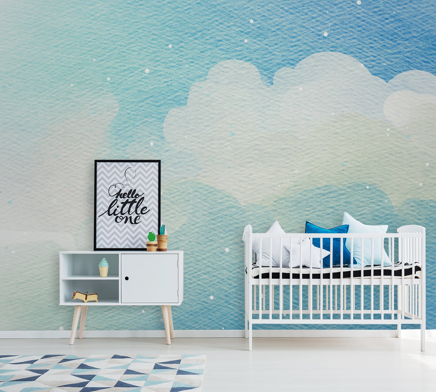 Nursery wall mural with blue clouds peel and stick wallpaper | Etsy