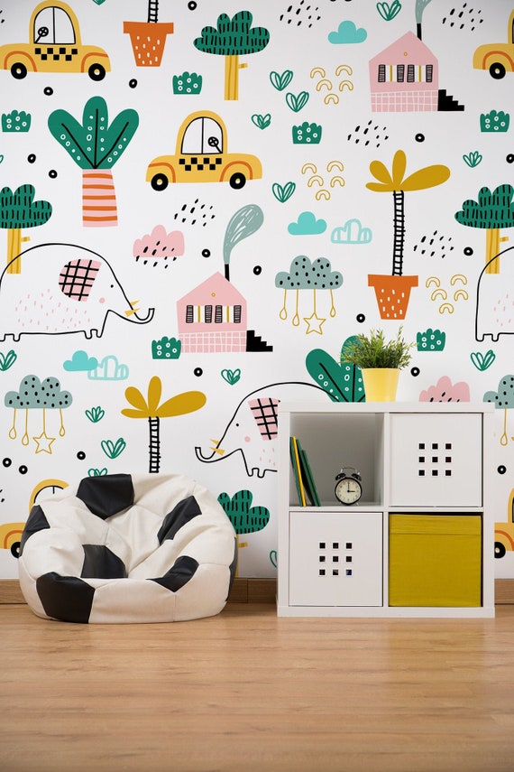 Baby room wallpaper, peel and stick wall mural, kids wall decor, removable animal wallpaper, home decor