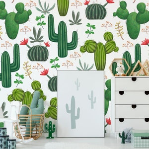 Carta da parati per bambini con cactus verde, murale a buccia e bastone, carta da parati autoadesiva per bambini, adesivo murale, murale per bambini