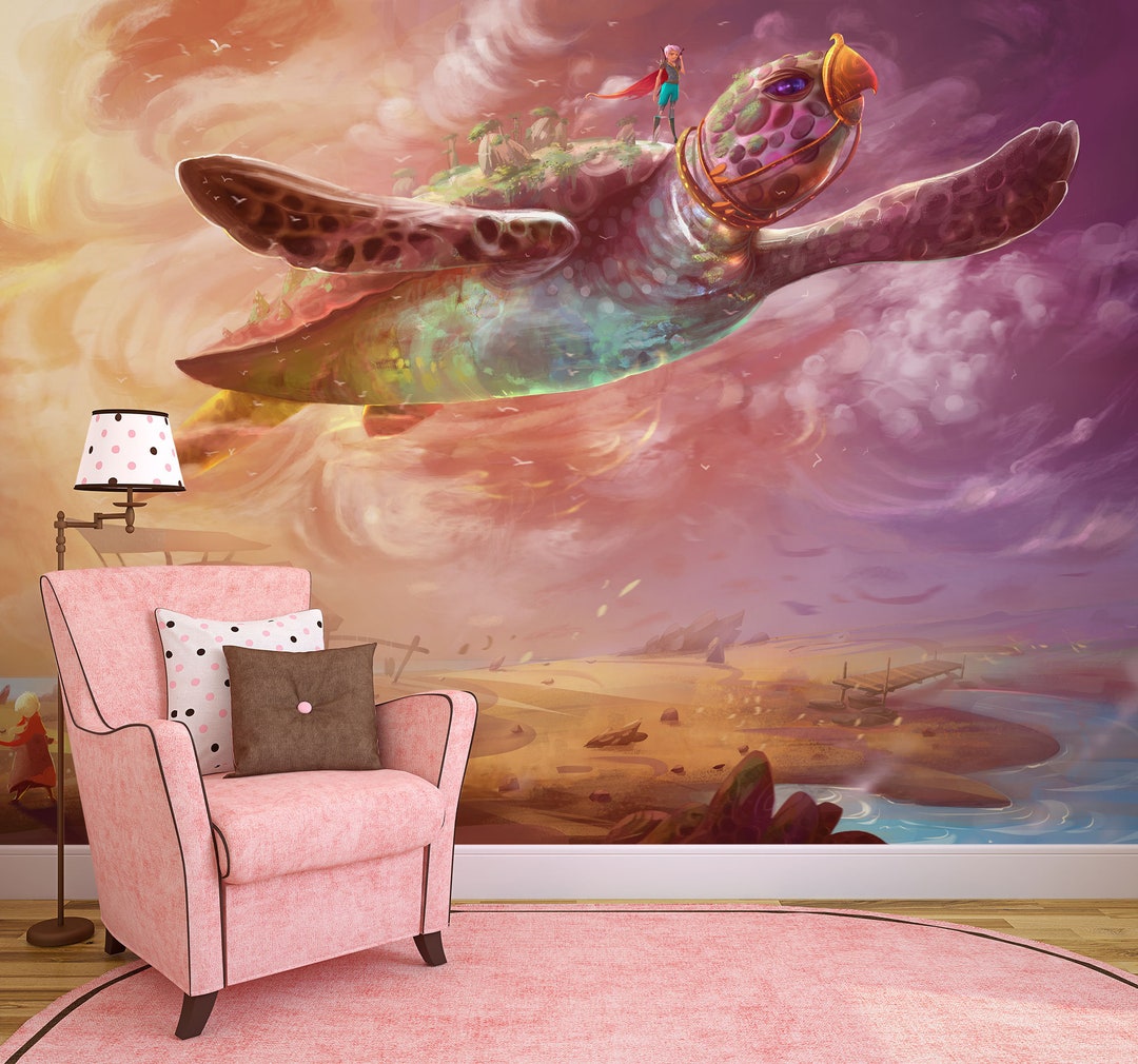 Mural de pared de fantasía con tortuga voladora, papel tapiz de guardería  para niños, papel tapiz de habitación infantil, papel tapiz extraíble, ..., image size:1080x1010