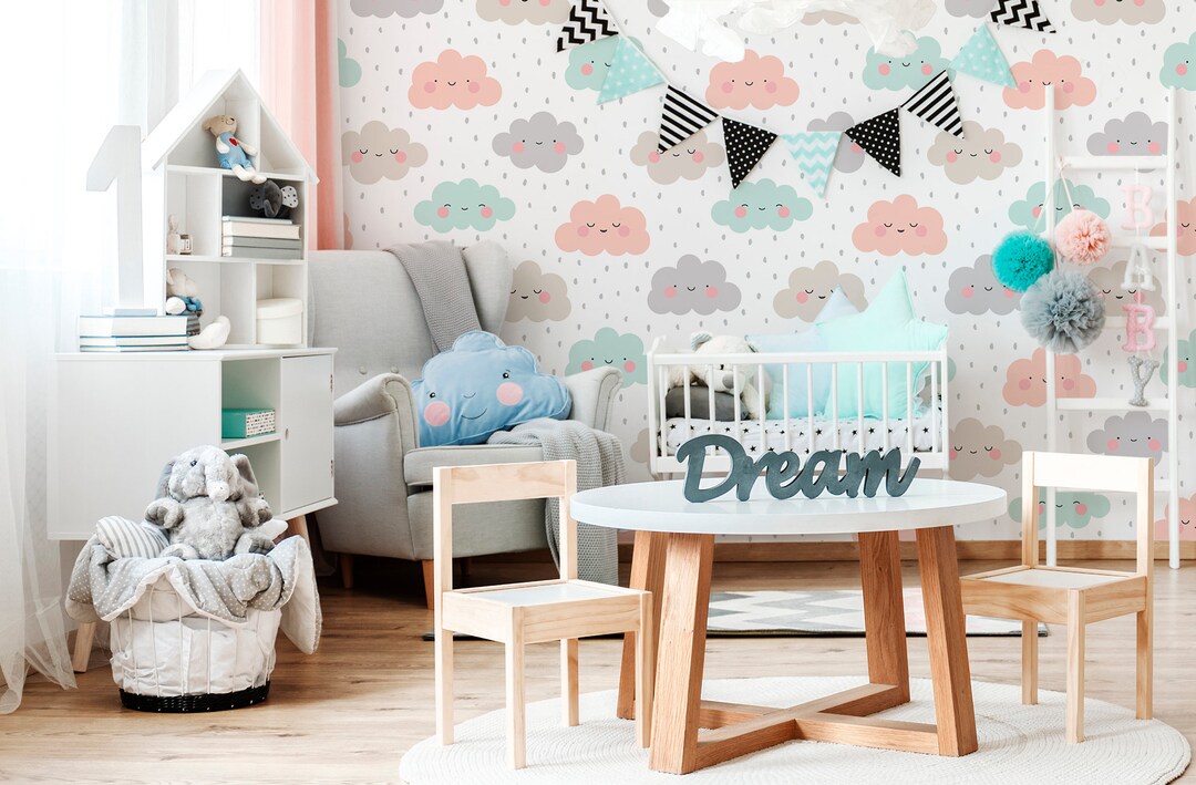 Nursery Clouded Wallpaper, Peel and Stick Wall Mural, Removable Kids ...