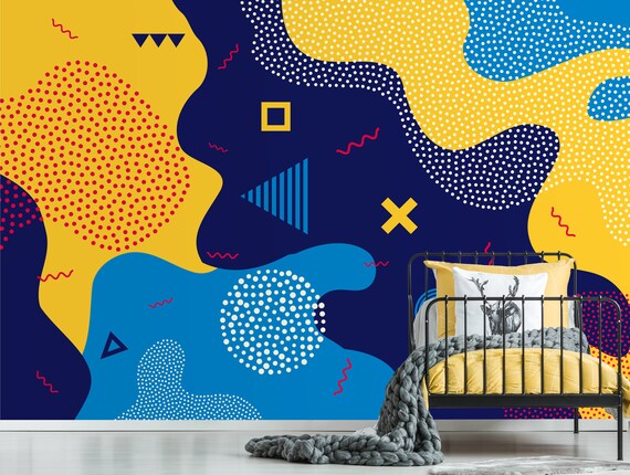 Abstract wallpaper, geometric line shape pattern, colorful wallpaper, peel and stick wall decal, removable mural