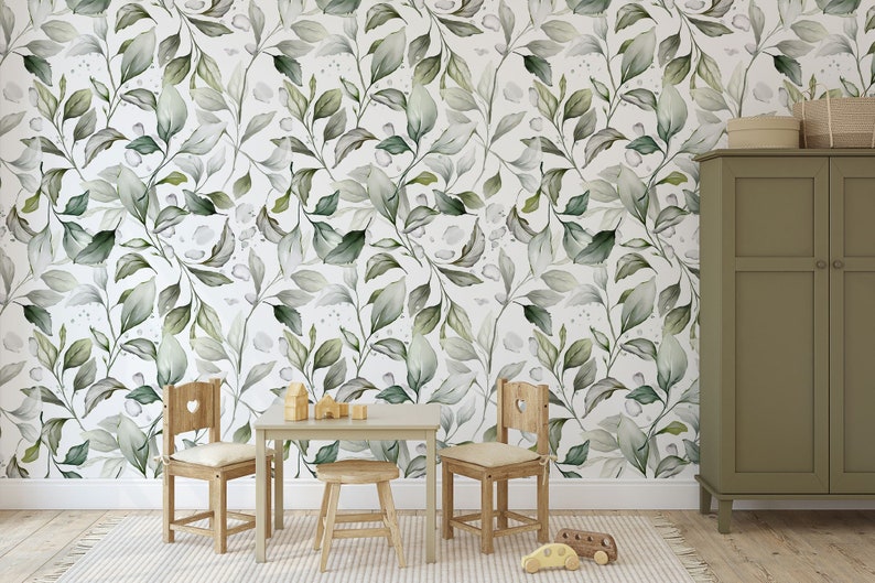 White Wallpaper With Green Leafy Pattern Kids Wallpaper Etsy