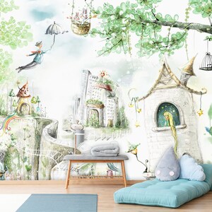 Puede incluir: Una ilustraci&oacute;n de acuarela de una escena de cuento de hadas caprichosa con un castillo blanco, una casa de setas, un arco&iacute;ris y una persona volando sosteniendo un paraguas. La escena se desarrolla sobre un cielo azul claro con nubes blancas.