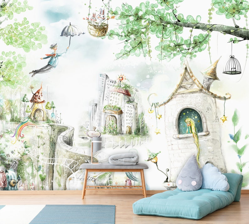 Puede incluir: Una ilustraci&oacute;n de acuarela de una escena de cuento de hadas caprichosa con un castillo blanco, una casa de setas, un arco&iacute;ris y una persona volando sosteniendo un paraguas. La escena se desarrolla sobre un cielo azul claro con nubes blancas.