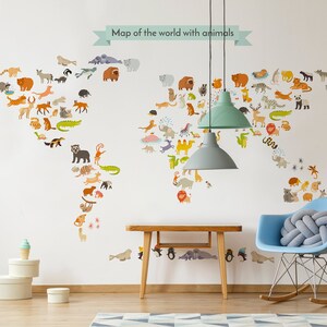 Kinder Weltkarte Wandbild, Peel and Stick Würde Tiere Karte Tapete, abnehmbare Kindergarten Tapete, selbstklebende Tapete, Wohnkultur