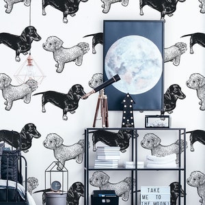 Dog wallpaper for kids room, black and white, peel and stick, self adhesive, nursery wallpaper, kids room wall decor