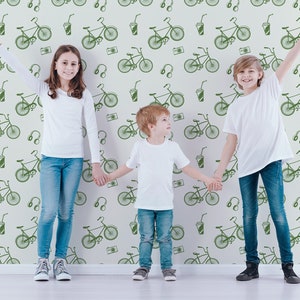Bicycle wallpaper, removable wallpaper, hand drawn pattern, nursery wallpaper, kids room peel and stick mural, temporary wallpaper