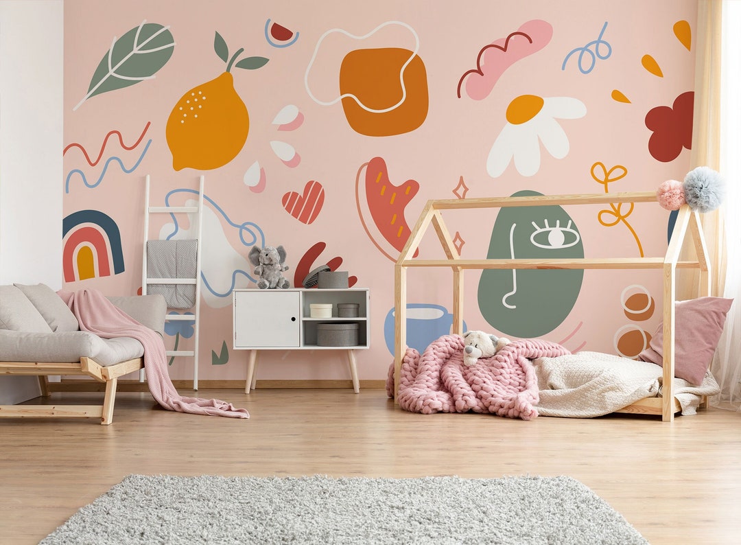 Abstract Wallpaper, Kids Wall Mural, Flowers and Fruits Nursery Wall ...