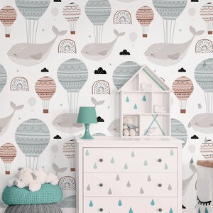 Sleeping whales wallpaper, peel and stick wall mural, kids removable wallpaper, self adhesive wall decor for nursery