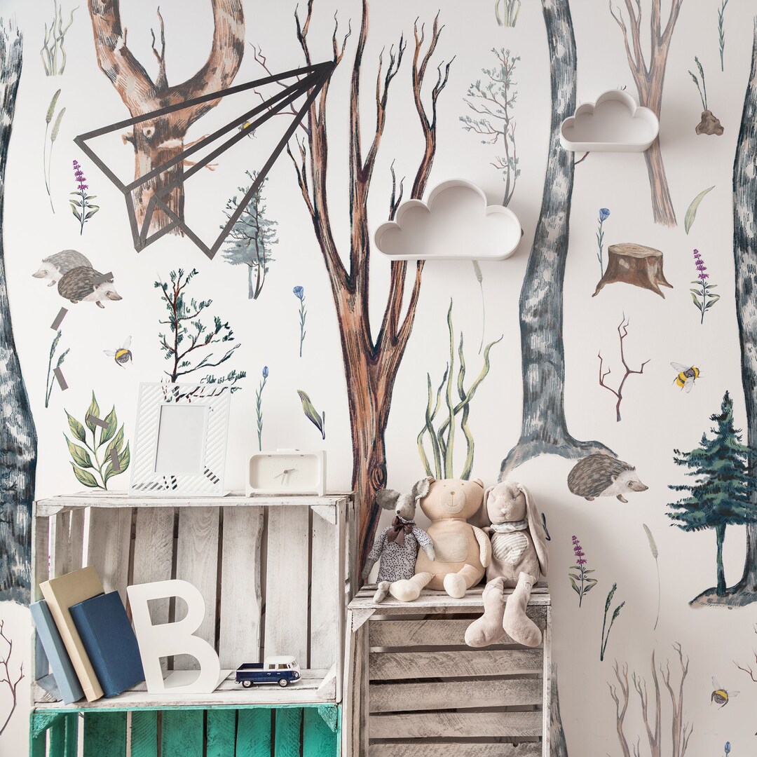 Woodland Nursery Wallpaper, Hedgehog Wallpaper, Forest Mural, Kids Room ...