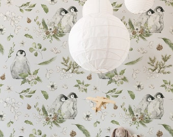Papel tapiz para niños, patrón de acuarela con lindos pingüinos pequeños, impresión de pared para guardería, mural de pared para niños, papel tapiz despegable y adhesivo o tradicional