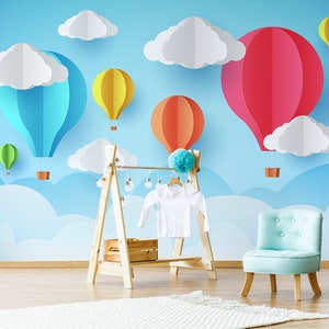 Cloud and balloon wallpaper, peel and stick wall mural, kids wall decor, removable animal wallpaper, home decor