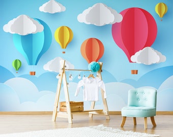 Papel tapiz de nubes y globos, mural de pared despegable y pegable, decoración de pared para niños, papel tapiz de animales removible, decoración del hogar