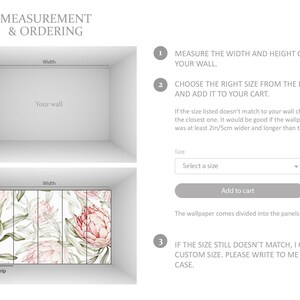 May include: Diagram showing how to measure a wall for a wallpaper mural. The image shows a wall with measurements for width and height. The second image shows a wallpaper mural with measurements for width and height. The text in the image reads: "MEASUREMENT & ORDERING", "MEASURE THE WIDTH AND HEIGHT OF YOUR WALL", "CHOOSE THE RIGHT SIZE FROM THE LIST AND ADD IT TO YOUR CART", "If the size listed doesn't match to your wall choose the closest one. It would be good if the wallpaper was at least 2in/5cm wider and longer than the wall.", "Select a size", "Add to cart", "The wallpaper comes divided into the panels (stripes).", "IF THE SIZE STILL DOESN'T MATCH, I CAN DO CUSTOM SIZE. PLEASE WRITE TO ME IN THIS CASE."