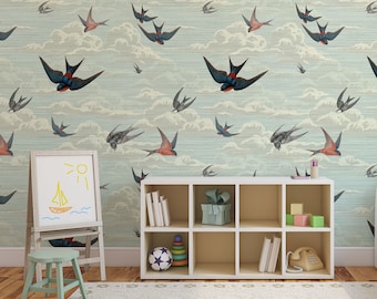 Vintage nursery wall mural, kids wallpaper, birds in the blue sky, cloud wallpaper, peel and stick or traditional wallpaper